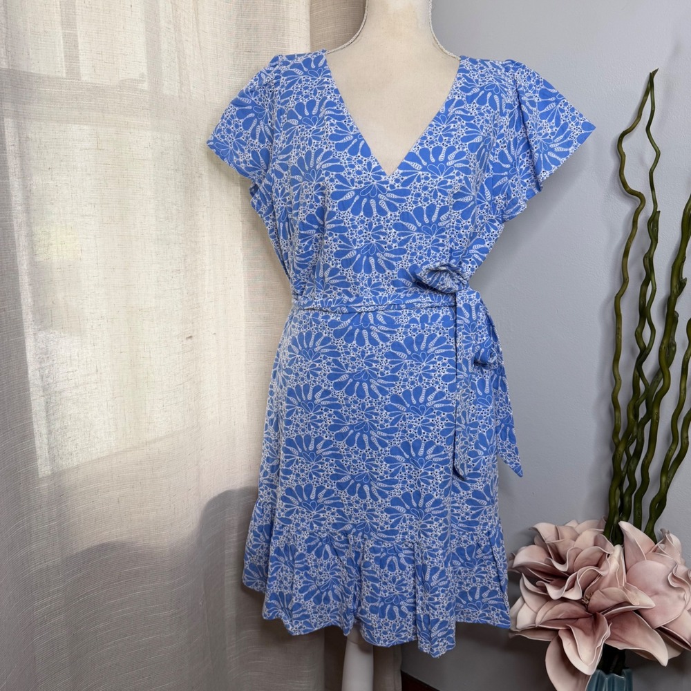 NWT LOFT Floral Embroidered Eyelet Dress Cotton Ruffle Blue Women's Size 14